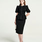 Black Peplum Pencil Dress with Puff Sleeves and Beaded Trim
