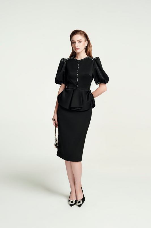Black Peplum Pencil Dress with Puff Sleeves and Beaded Trim
