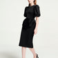 Black Peplum Pencil Dress with Puff Sleeves and Beaded Trim
