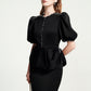 Black Peplum Pencil Dress with Puff Sleeves and Beaded Trim