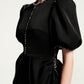 Black Peplum Pencil Dress with Puff Sleeves and Beaded Trim