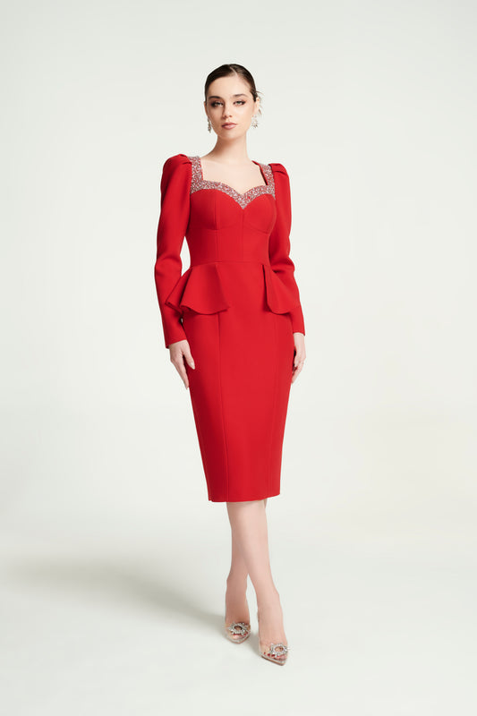 Red Peplum Midi Dress with Rhinestone Detailing