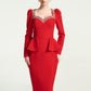 Red Peplum Midi Dress with Rhinestone Detailing