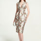 Floral Jacquard Sleeveless Cocktail Dress with Deep V-Neck