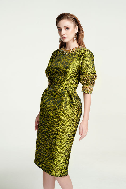 Gold Brocade Cocktail Dress with Embellished Sleeves and Collar