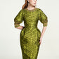 Gold Brocade Cocktail Dress with Embellished Sleeves and Collar