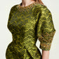 Gold Brocade Cocktail Dress with Embellished Sleeves and Collar
