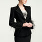 Black Feather Embellished Blazer with Embroidered Sleeves