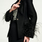 Black Feather Embellished Blazer with Embroidered Sleeves