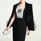 Black Feather Embellished Blazer with Embroidered Sleeves