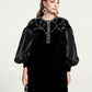 Black Velvet A-Line Dress with Sheer Puff Sleeves and Beaded Embroidery