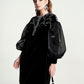 Black Velvet A-Line Dress with Sheer Puff Sleeves and Beaded Embroidery