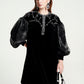 Black Velvet A-Line Dress with Sheer Puff Sleeves and Beaded Embroidery