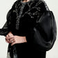 Black Velvet A-Line Dress with Sheer Puff Sleeves and Beaded Embroidery