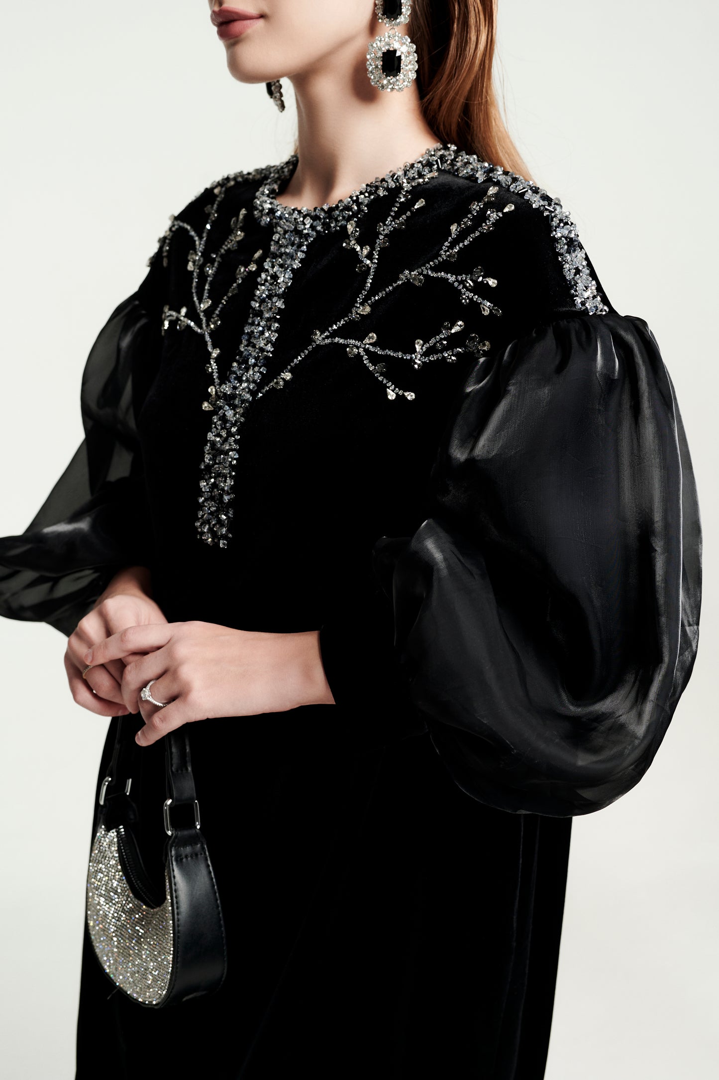 Black Velvet A-Line Dress with Sheer Puff Sleeves and Beaded Embroidery