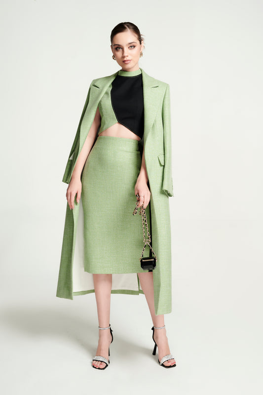 Light Green Long Coat and Pencil Skirt Set