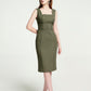 Olive Green Bodycon Midi Dress with Square Neckline