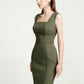 Olive Green Bodycon Midi Dress with Square Neckline