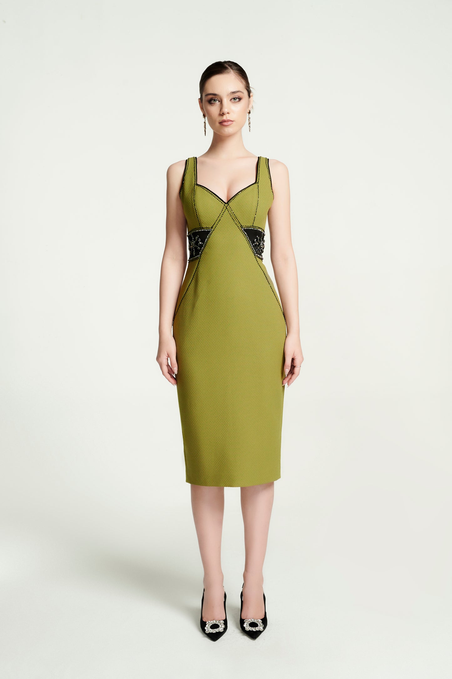 Olive Green Bodycon Dress with Black Lace Accent