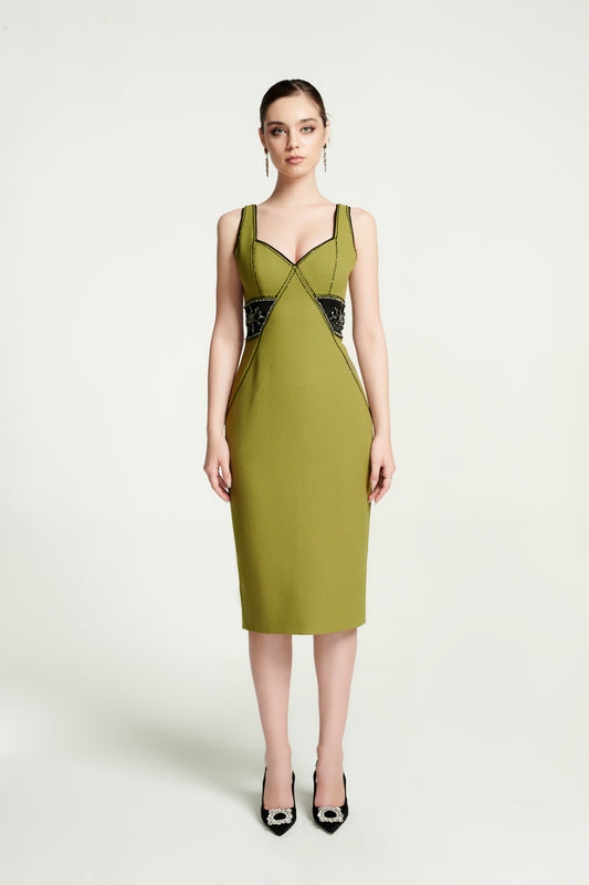 Olive Green Bodycon Dress with Black Lace Accent
