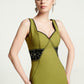 Olive Green Bodycon Dress with Black Lace Accent