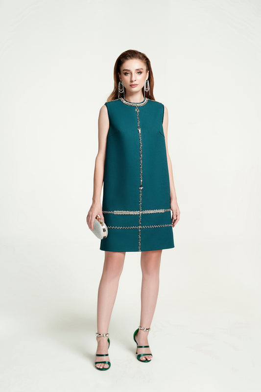 Sleeveless Teal Mini Dress with Embellished Detailing