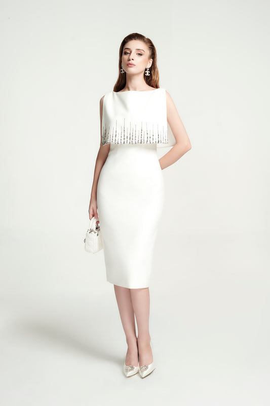 White Midi Bodycon Dress with Beaded Fringe Cape Overlay