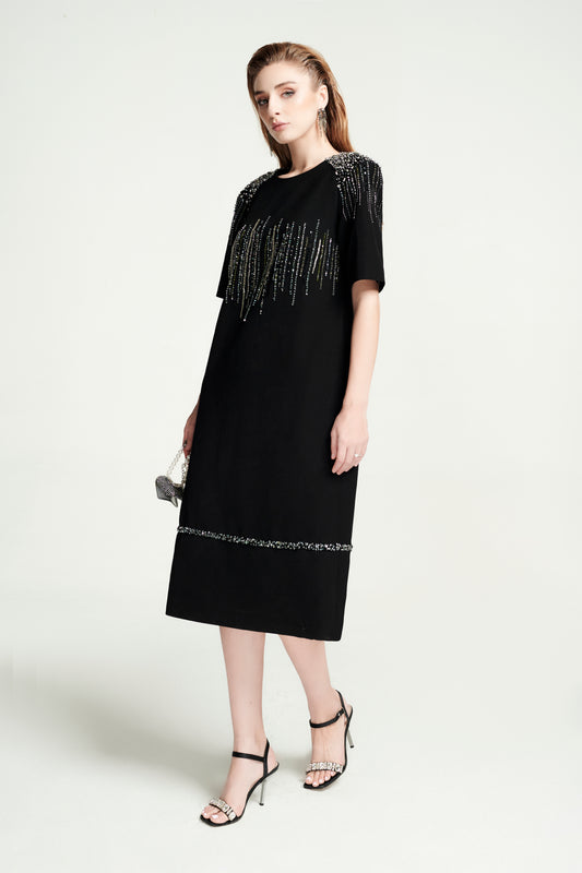 Black Midi Dress with Embellished Shoulders and Crystal Detailing