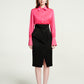 Hot Pink Silk Blouse with High-Waist Black Wrap Skirt