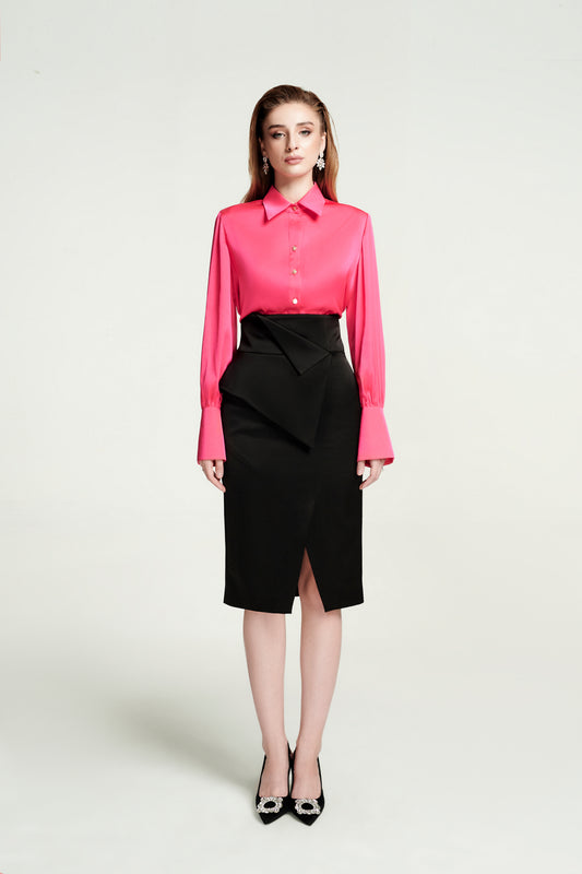 Hot Pink Silk Blouse with High-Waist Black Wrap Skirt