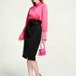 Hot Pink Silk Blouse with High-Waist Black Wrap Skirt
