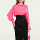 Hot Pink Silk Blouse with High-Waist Black Wrap Skirt