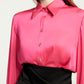 Hot Pink Silk Blouse with High-Waist Black Wrap Skirt