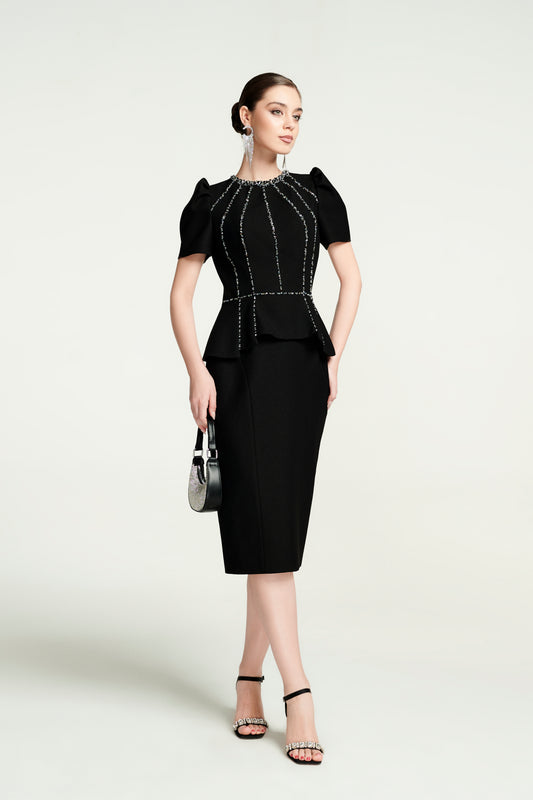 Black Peplum Midi Dress with Rhinestone Embellishments