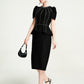 Black Peplum Midi Dress with Rhinestone Embellishments