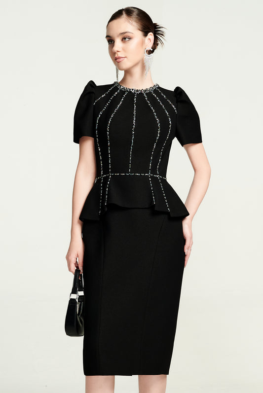 Black Peplum Midi Dress with Rhinestone Embellishments