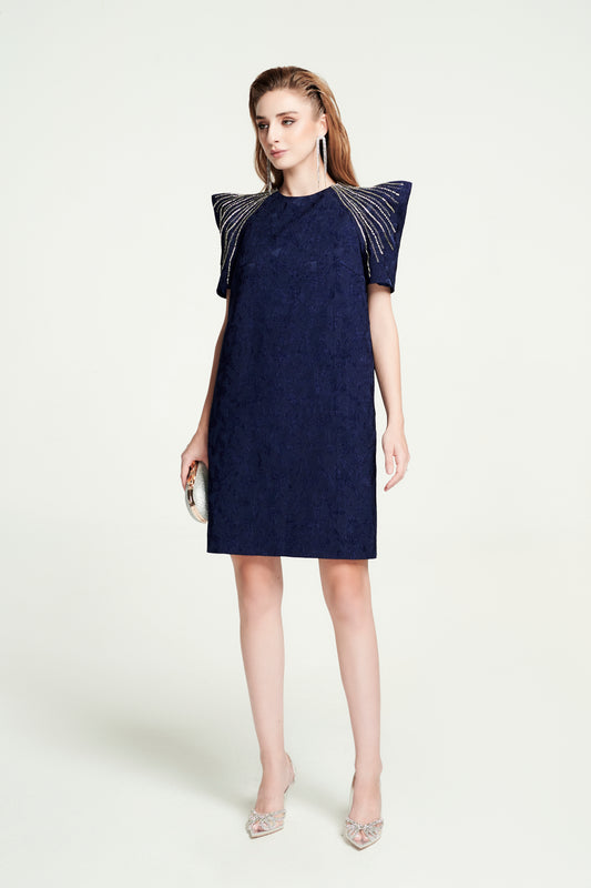 Navy Jacquard Mini Dress with Statement Embellished Shoulders