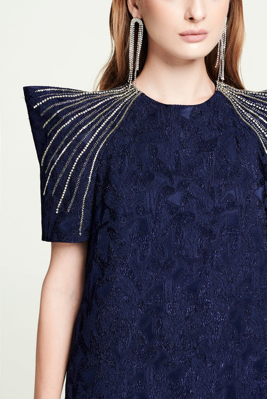 Navy Jacquard Mini Dress with Statement Embellished Shoulders