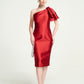 Red One-Shoulder Satin Midi Dress with Statement Bow