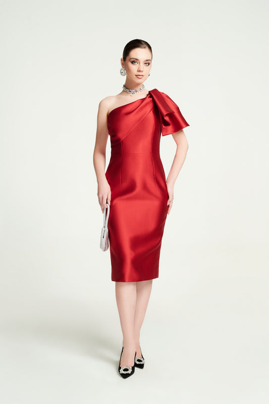 Red One-Shoulder Satin Midi Dress with Statement Bow