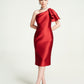 Red One-Shoulder Satin Midi Dress with Statement Bow