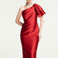 Red One-Shoulder Satin Midi Dress with Statement Bow