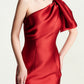 Red One-Shoulder Satin Midi Dress with Statement Bow