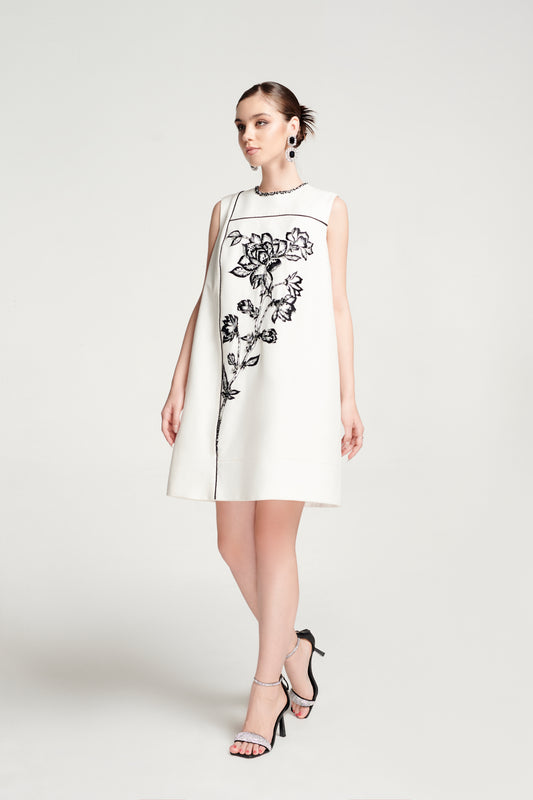 White A-Line Sleeveless Mini Dress with Floral Embroidery