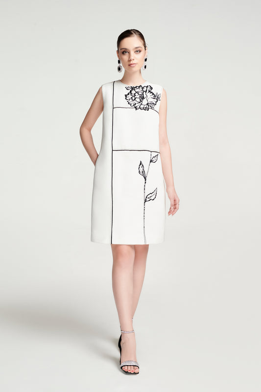 White Shift Dress with Geometric Floral Embroidery