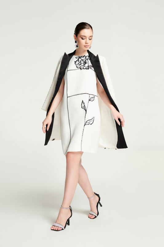 Floral Embroidered Shift Dress with Contrast Cape