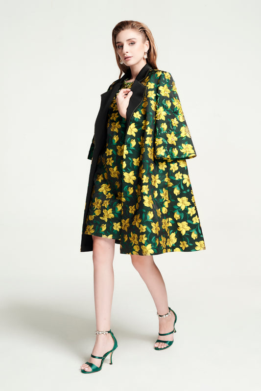 Floral Embroidered Satin A-Line Coat - Green & Yellow