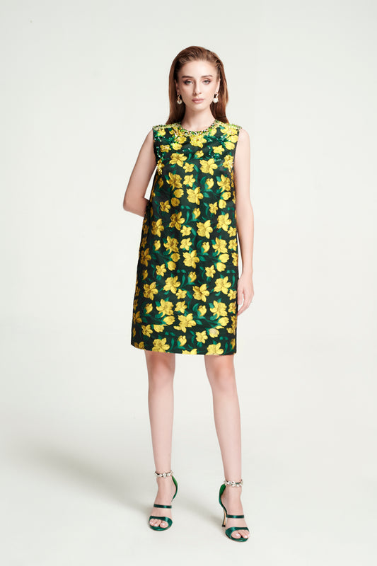 Sleeveless Yellow Floral Embroidered Shift Dress - Dark Green