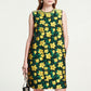 Sleeveless Yellow Floral Embroidered Shift Dress - Dark Green