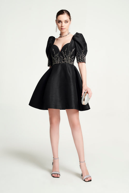 Black Puff Sleeve Cocktail Dress with Crystal Embroidery